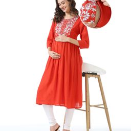 Bella Mama Woven Three Fourth Sleeves Floral Embroidered Yoke Maternity Kurta with Pocket -  Orange-image-91
