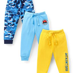 Babyhug Cotton Knit Full Length Lounge Pants With Camouflage & Text Print Pack Of 3 - Light Blue Yellow & Blue-image-52