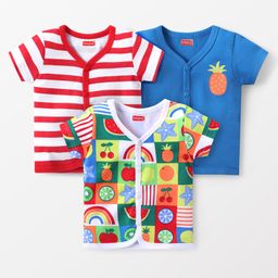 Babyhug 100% Cotton Knit Set of Vests with Striped & Tropical Print Pack of 3 - Multicolour-14