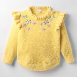 Babyhug Knitted Full Sleeves Pullover Sweater With Floral Embroidery & Frill Detailing - Yellow-picture-11