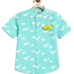 Tiber Taber Half Sleeves Clouds Printed Shirt With Detachable Brooch - Blue-image-54