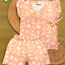 Pranava 100% Organic Cotton Sleeveless Seashell Printed Jhabla & Shorts Set   Pink-image-7