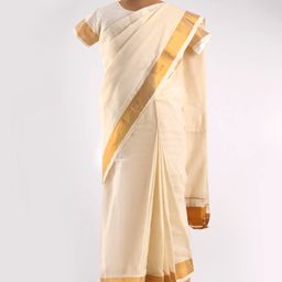 Bhartiya Paridhan Cotton Saree with Half Sleeves Blouse & Golden Border - Cream-image-95