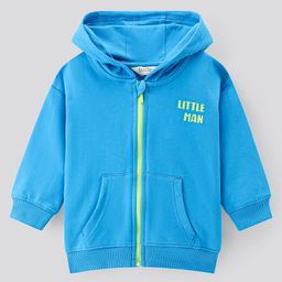 Bonfino 100% Cotton French Terry Knit Full Sleeves Front Open Drop Shoulder Hooded Sweatjacket with Text Print - Sky Blue-image-21