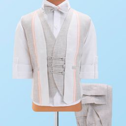 Robo Fry Linen Knit Full Sleeves 3 Piece Party Suit With Bow - White-image-30