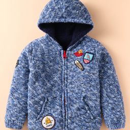 Yellow Apple Knit Full Sleeves Hooded Winter Jacket With Patches & Kangaroo Pockets - Light Blue-image-95