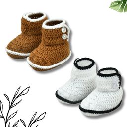 Funkrafts Pack Of 2 Handmade Crochet Woollen Solid Baby Booties - Brown & White-13