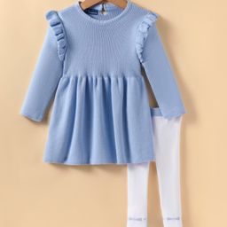ToffyHouse Cotton Knit Full Sleeves Solid Winter Frock with Stocking - Light Blue-image-70