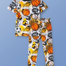 Pine Kids Single Jersey Knit Half Sleeves Night Suit with Ball Print - White-image-100