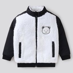 Bonfino Woven Full Sleeves Winter Jacket With Bear Patch - Black & White-image-81