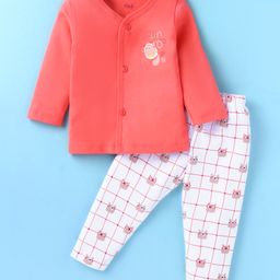Simply Interlock Knit Full Sleeves Front Open Night Suit With Checks & Bear Print - Red & White-82