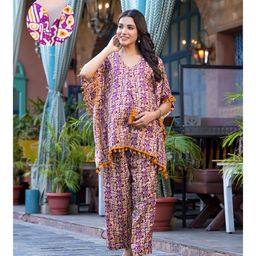 Aujjessa Cotton Batwing Sleeves Ethnic Printed & Lace Embellished Maternity Feeding Night Suit with Concealed Zipper Nursing AccessPurple Mustard-image-57