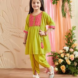 MASTARANG Three Fourth Sleeves Bandhani Designed & Mirror Work Detailed Kurta With Coordinating Dhoti Set - Lime Green-image-19