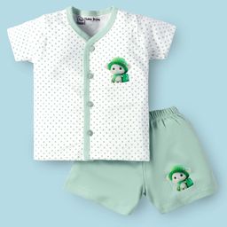 Little Darlings Interlock Knit Half Sleeves Shorts Night Suit with Polka Dots - Green & White-image-88