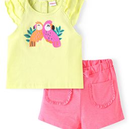 Babyhug Single Jersey Knit Sleeveless Top & Shorts Set With Parrot Print & Embroidery - Yellow & Pink-image-88