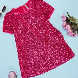 Pantaloons Junior Half Sleeves Sequin Embellished Dress With Sling Bag - Fuchsia-image-82