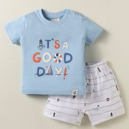 Ollypop Sinker Knit Half Sleeves T-Shirt & Shorts Set With Nautical Theme Print - Light Blue-image-31