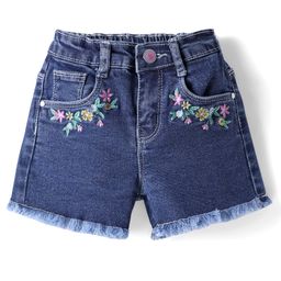 Babyhug Mid Thigh Length Denim Shorts with Floral Embroidery - Navy Blue-image-104