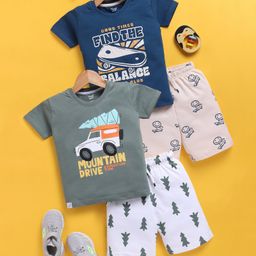 TOONYPORT Cotton Pack Of 2 Half Sleeves Find The Balance Text & Car Printed Coordinating Tees & Shorts Set - Multi Colour-image-46