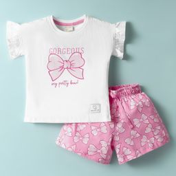 CUCUMBER Sinker Knit Frill Sleeves Shorts Night Suit With Bow Print - White-image-12