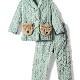 Mark & Mia Full Sleeves Front Open Winter Wear Co-Ord Night Suit with Knit Design & Bear Applique - Sea Green-image-46