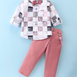 Rikidoos Full Sleeves Checked Shirt With Pant Suspender & Bow Set - White & Peach-image-79