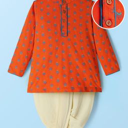 EARTHY TOUCH Single Jersey Knit Full Sleeves Kurta Dhoti Set with Floral Print - Orange-picture-25