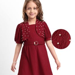 Hola Bonita Knit Half Sleeves Frock With Pearl Detailing & Belt - Maroon-picture-35