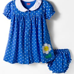 Babyhug Single Jersey knit Half Sleeves Frock With Bloomers & Polka Dot Print - Royal Blue-picture-24