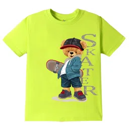 KAVEE Pure Cotton Half Sleeves Teddy Bear & Skater Text Printed Bio Washed Tee - Neon Green-picture-12