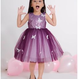 Ministitch Net Woven Sleeveless Sequins Embellished Butterflies Applique Detailed Dress - Wine-image-68