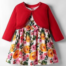 Babyhug Cotton Knit Frock & Full Sleeves Shrug With Floral Print & Bow Applique - White & Red-image-79