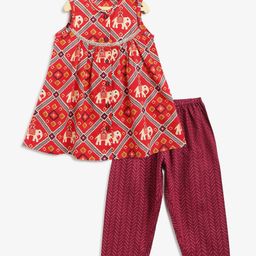 Campana 100% Cotton Woven Sleeveless Patola Printed Lace Embellished Kurta Pant Set - Red & Purple-image-96