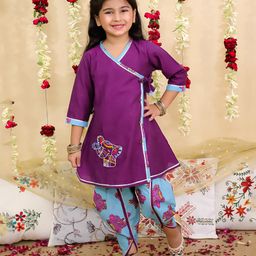 BownBee Pure Cotton Woven Three Fourth Sleeves Elephant Embroidered Gota Lace Embellished Kurti Dhoti Set - Purple-image-77