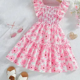 Bolly Lounge Cotton Blend Woven Sleeveless Floral Printed Smock & Frill Detailed Tiered Dress - Pink-picture-40