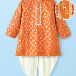 EARTHY TOUCH Cotton Knit Full Sleeves Kurta Dhoti Set with Floral Glitter Print - Rust Orange-picture-47