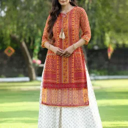 Juniper Mustard Chiffon Ethnic Motif Printed Straight Kurta With Tie-Ups image 4