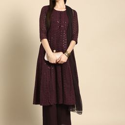Anouk Women Burgundy Ethnic Motifs Embroidered Kurta with Palazzos & With Dupatta-picture-55