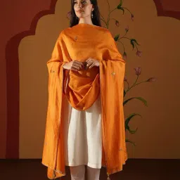 Jaypore Mustard Yellow Cotton Silk Embroidered Collection Dupatta-picture-1