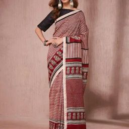 Fabindia Maroon Cotton Silk Blend Print Saree-picture-14