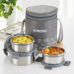 Borosil Stainless Steel Grey Lunch Boxes with Bag & Microwave Oven Safe ( Set of 3 )-picture-2
