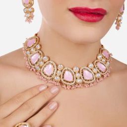 Zaveri Pearls Pink Artificial Stones & Beads Choker Necklace Earring & Ring Set for Women-image-90
