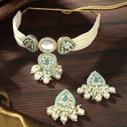 Zaveri Pearls Turquoise Blue Multistrand Artificial Stones Choker Necklace & Earring Set for Women-39