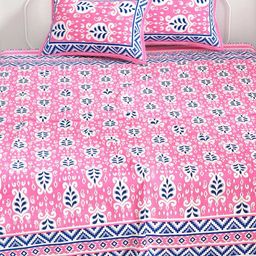 Adwitiya Pink & Blue Floral 300 TC Pure Cotton Queen Bedsheet Set 1.08 m x 1.08 m-image-16