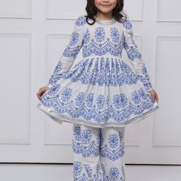 THE PONY & PEONY CO. Girls Floral Printed Cotton A-Line Kurta with Palazzos & Dupatta-image-33