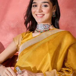 Sangria Checked Embroidered Saree With Unstitched Blouse-11