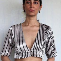 Chidiyaa Asha Ivory Hand Blockprinted Mashru Silk Blouse-image-9