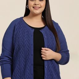 Sztori Women Plus Size Navy Blue Self Design Longline Cardigan-picture-3