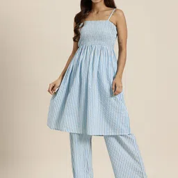 HERE&NOW Smocked Striped Pleated Pure Cotton Kurta with Palazzos-image-3