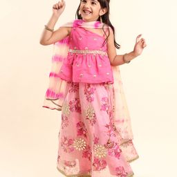 Babyhug Sleeveless Choli & Lehenga with Dupatta Floral Embroiled- Pink-image-29